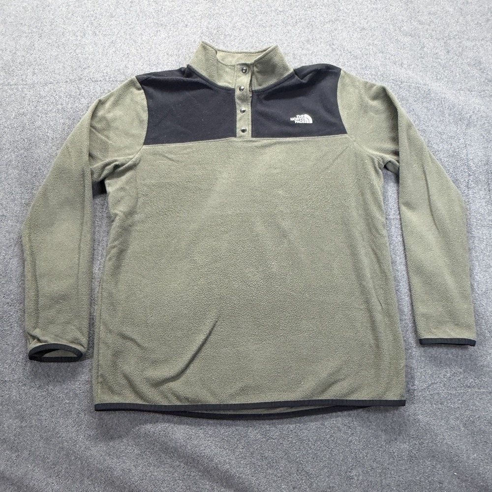 The North Face Womens Fleece Pullover Large Green Black 1/4 Snap Button Jacket